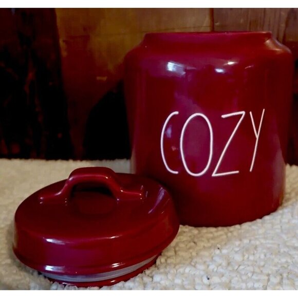 Rae Dunn Burgundy Ceramic "Cozy" Canister Cookie Jar With Lid - Picture 3 of 10